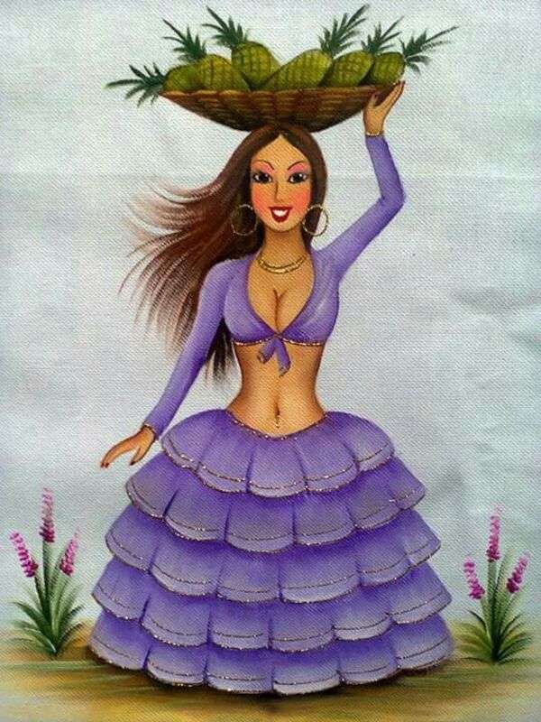 Garota Rumberita com roupa lilás com cesta de abacaxi puzzle online