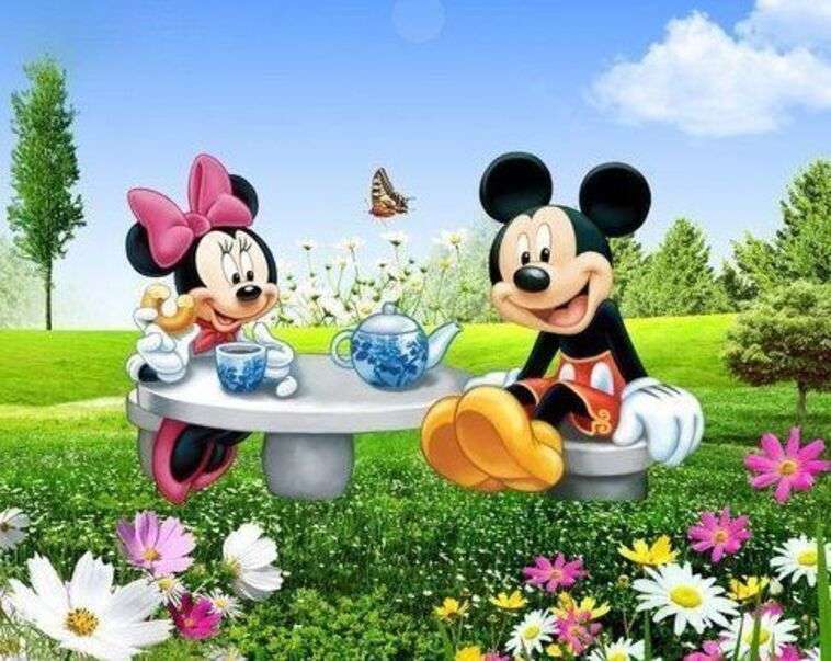 Mickey e Minnie tomam café no campo quebra-cabeças online