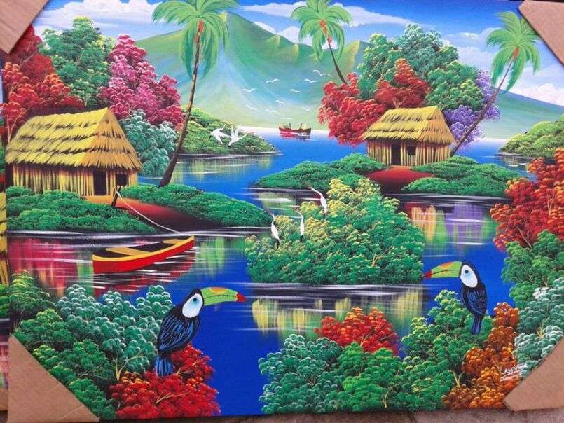 Σπίτια με αχυροσκεπή στη ζούγκλα της Νικαράγουας - Τέχνη # 1 online παζλ