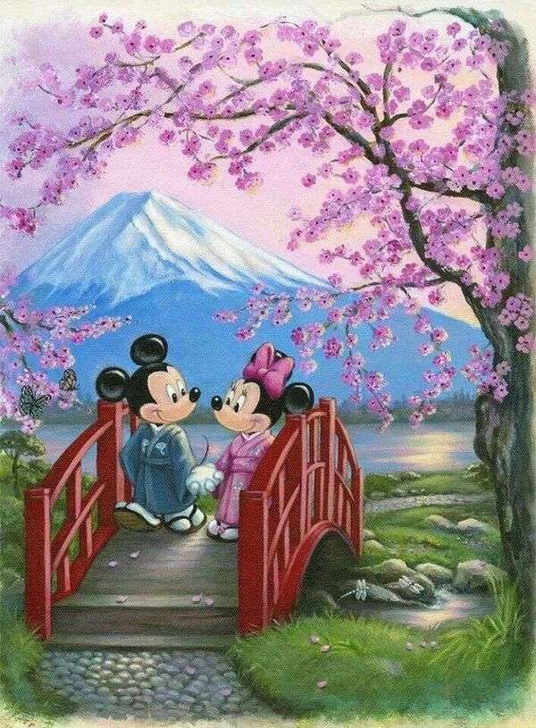 Minnie und Mickey gehen im japanischen Stil spazieren Online-Puzzle
