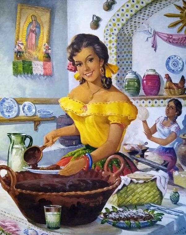 O doamnă drăguță mexicană în bucătăria ei - Arta # 4 puzzle online