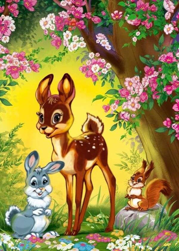 Bambi, lapin, écureuil entre fleurs et puzzle en ligne