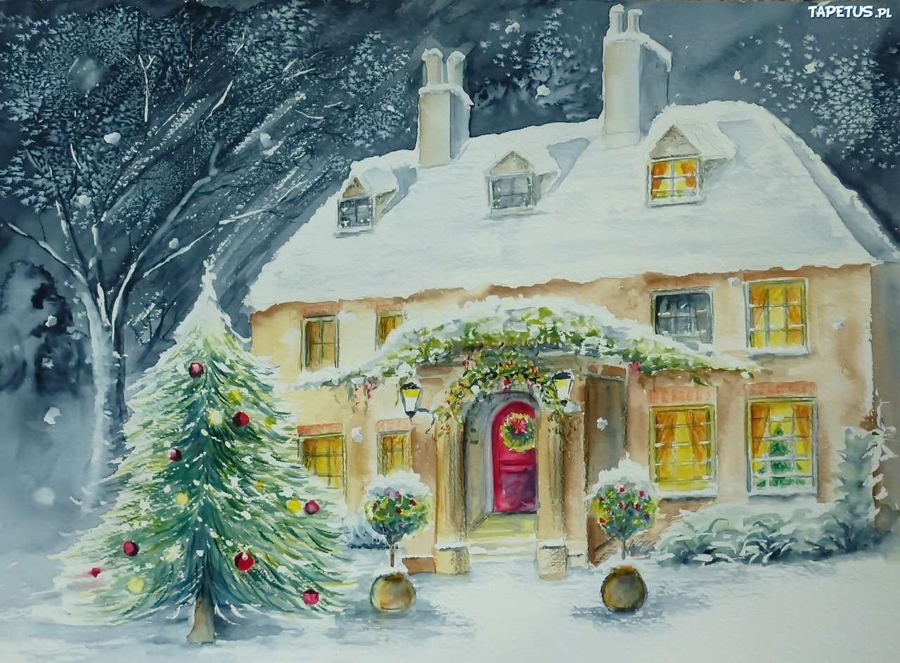 Snötäckt hus på jul pussel på nätet