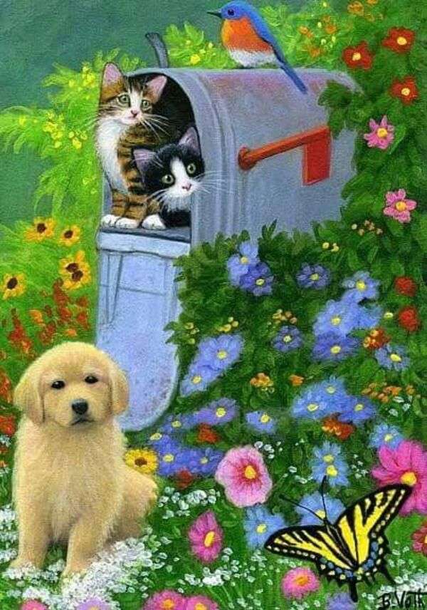 Cachorrinho e gatinhos vendo uma borboleta puzzle online