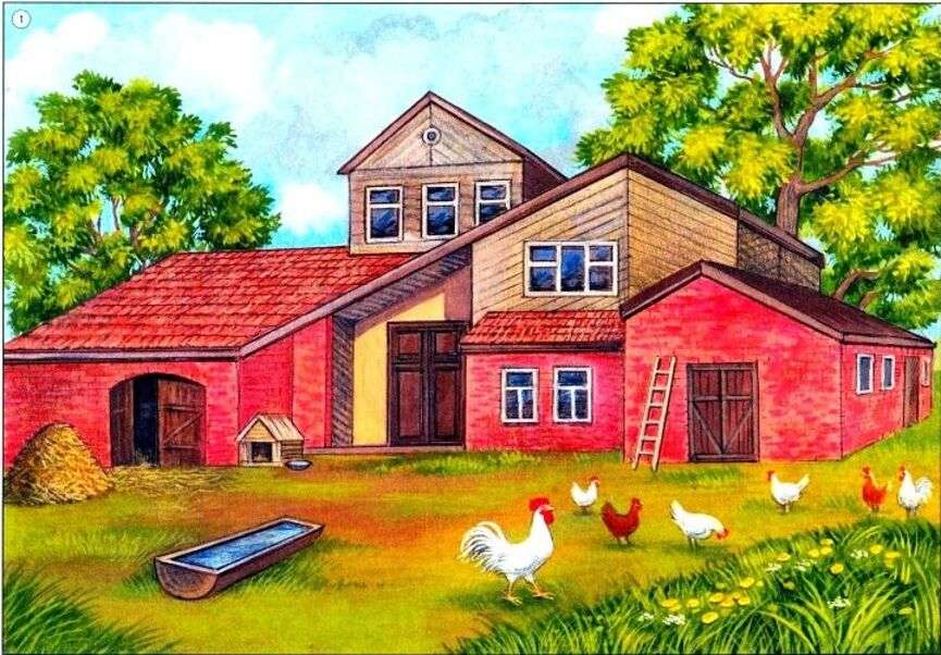 Пейзаж № 78 - Голяма селска къща с пилета онлайн пъзел