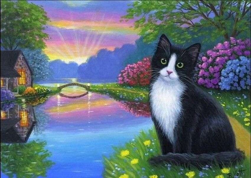 Il gattino si gode il tramonto in giardino puzzle online