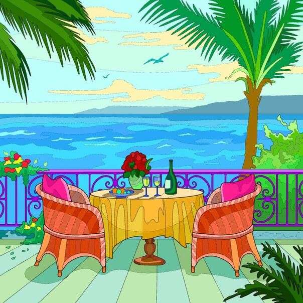 Terrasse mit Esszimmer und Meerblick Puzzlespiel online