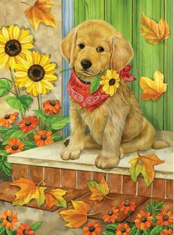 Câine flirty cu floarea soarelui în gură jigsaw puzzle online