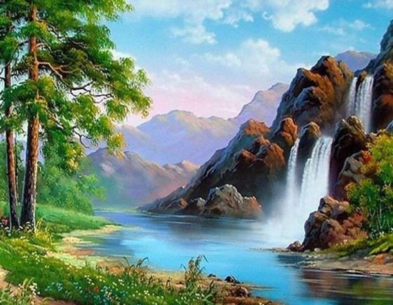 Landskap # 80 - Vackert vattenfall i bergen pussel på nätet