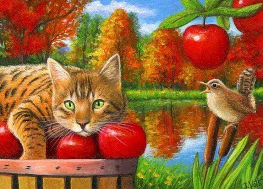 Gatito acostado sobre manzanas rompecabezas en línea