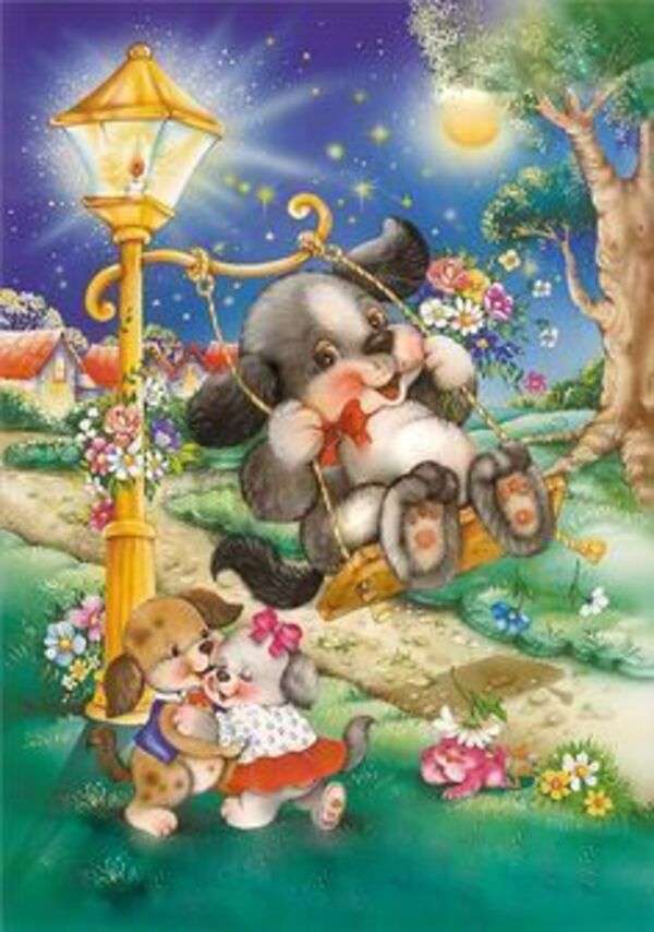 Puppy on a swing with flowers jigsaw puzzle online