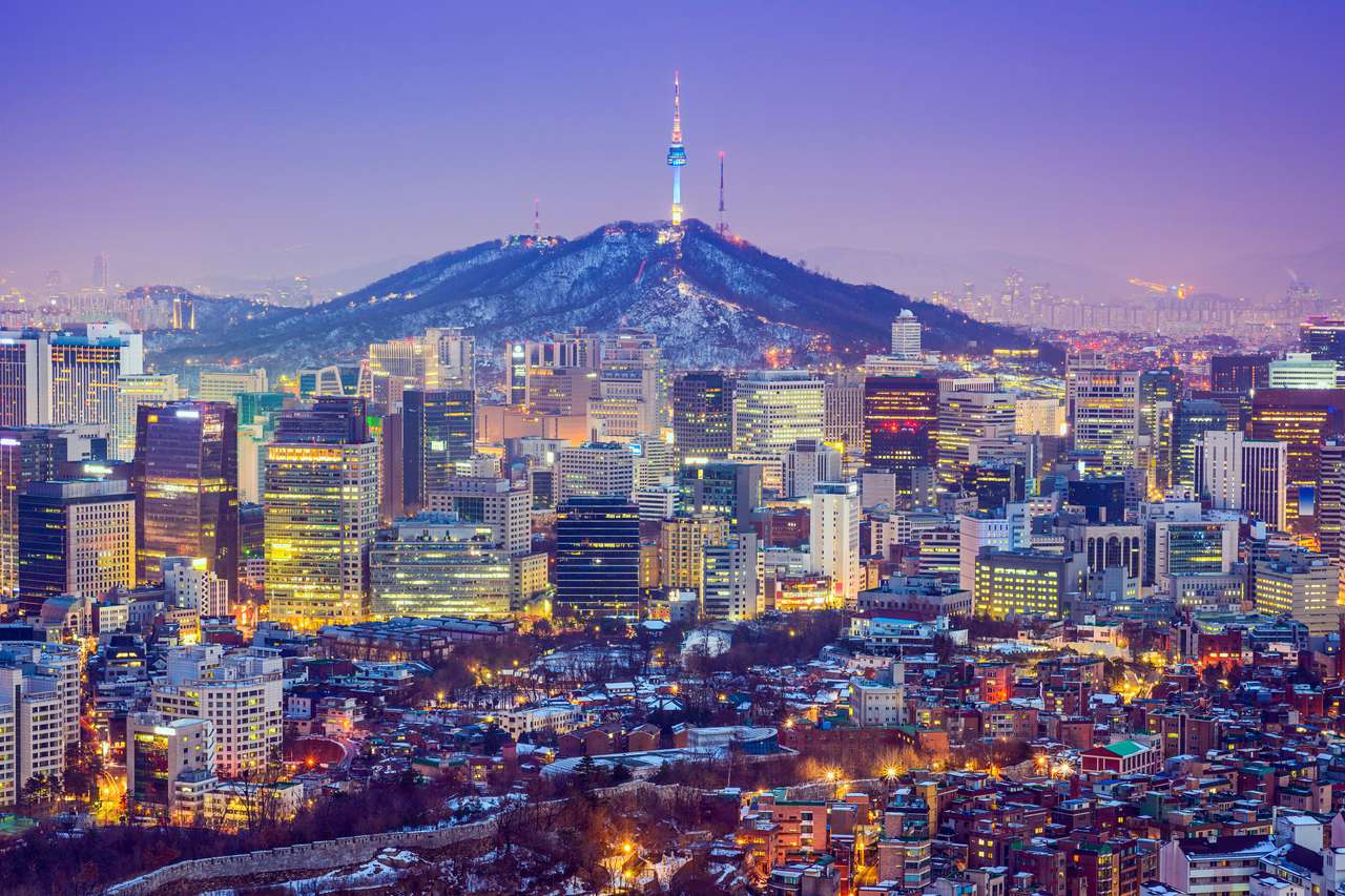 Seoul, Sydkoreas stadssilhuett i skymningen. pussel på nätet
