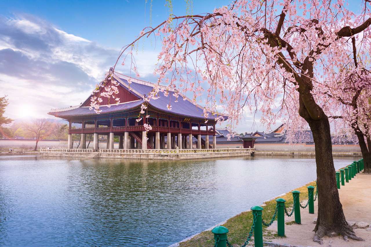 Palacio Gyeongbokgung en primavera, Corea del Sur. rompecabezas en línea