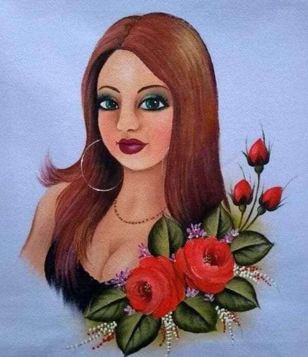 Senhora muito bonita com buquê de rosas vermelhas quebra-cabeças online