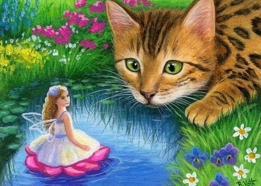 Kotě sleduje vílu v rybníku online puzzle