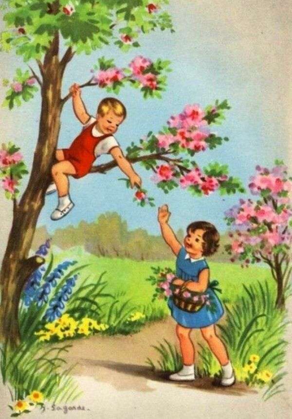 Små pojkar drar ner blommor från ett träd Pussel online