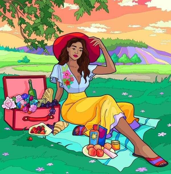 Lady vilar och njuter av sin picknick pussel på nätet