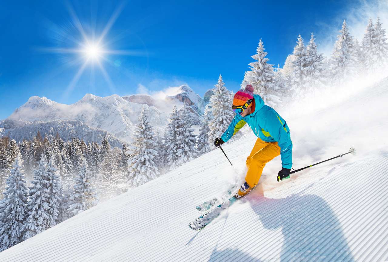 Skifahrer Skifahren im Hochgebirge Online-Puzzle