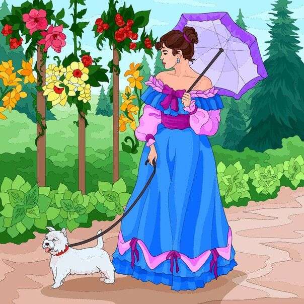 Dama elegante paseando a su perrito rompecabezas en línea