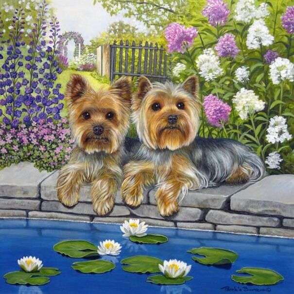 Dois lindos cachorrinhos na margem de um lago puzzle online