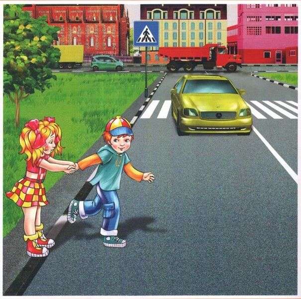 Children passing street in unsafe area online puzzle