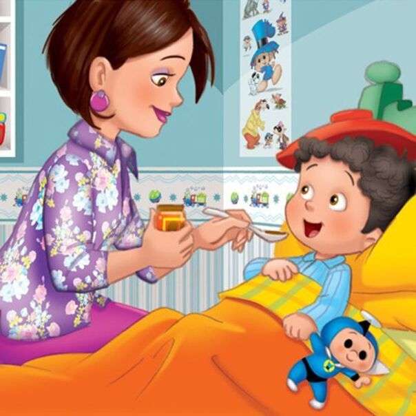 Mutter gibt ihrem kleinen Sohn Medizin Puzzlespiel online