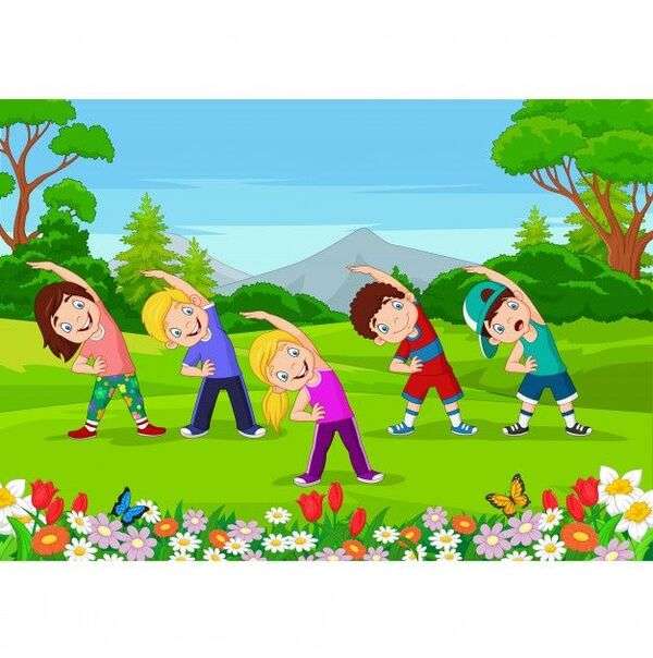 Grup de copii mici care fac exerciții puzzle online