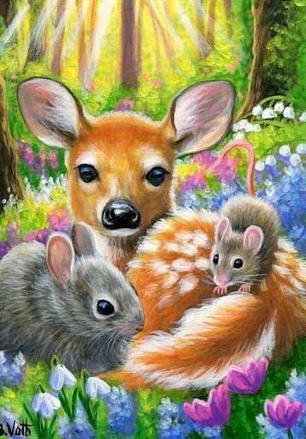 Krásná Bambi se dvěma myškami online puzzle