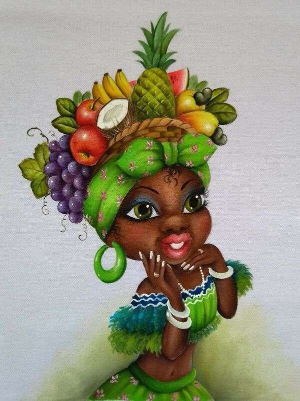 Черная девушка носит корзину с фруктами на голове онлайн-пазл