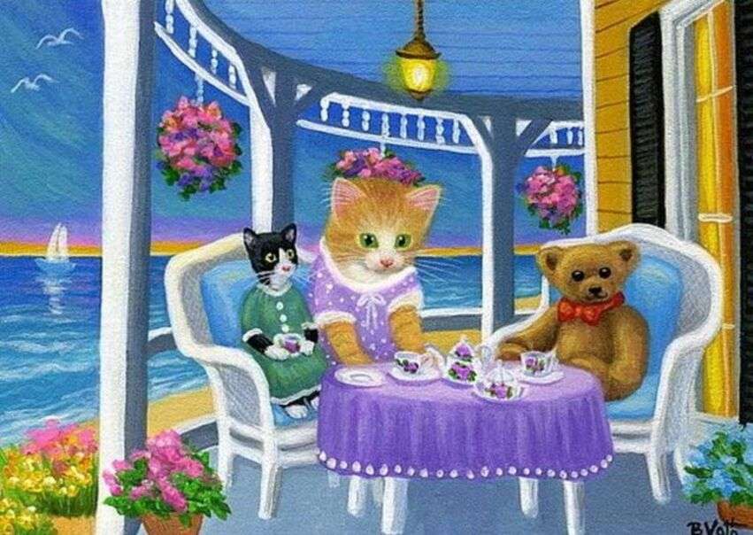 Gatitos en terraza junto al mar tomando café rompecabezas en línea