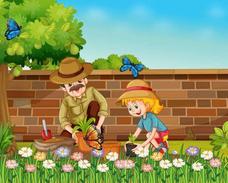 Папа с маленькой дочерью сажают растения онлайн-пазл