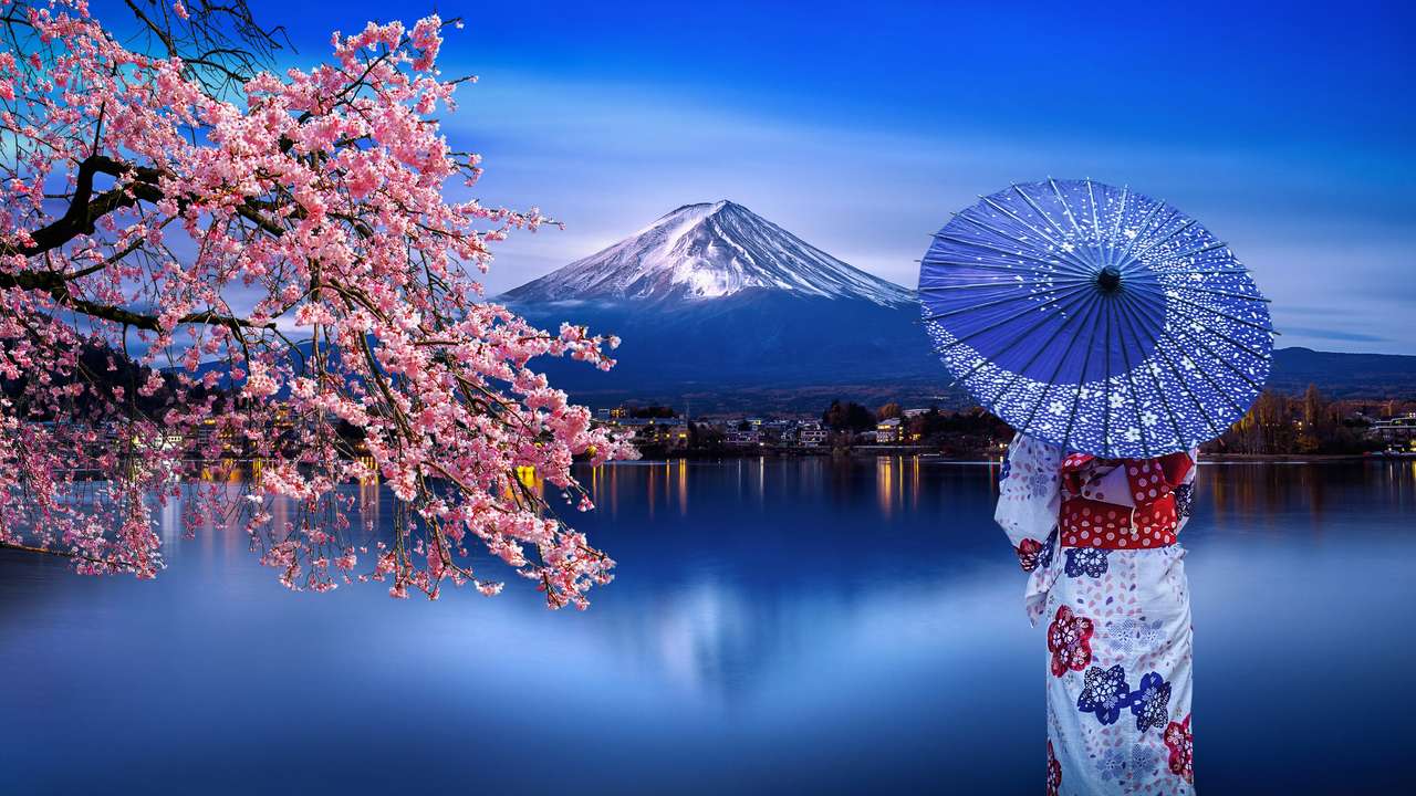 Fuji berg och körsbärsblomning pussel på nätet
