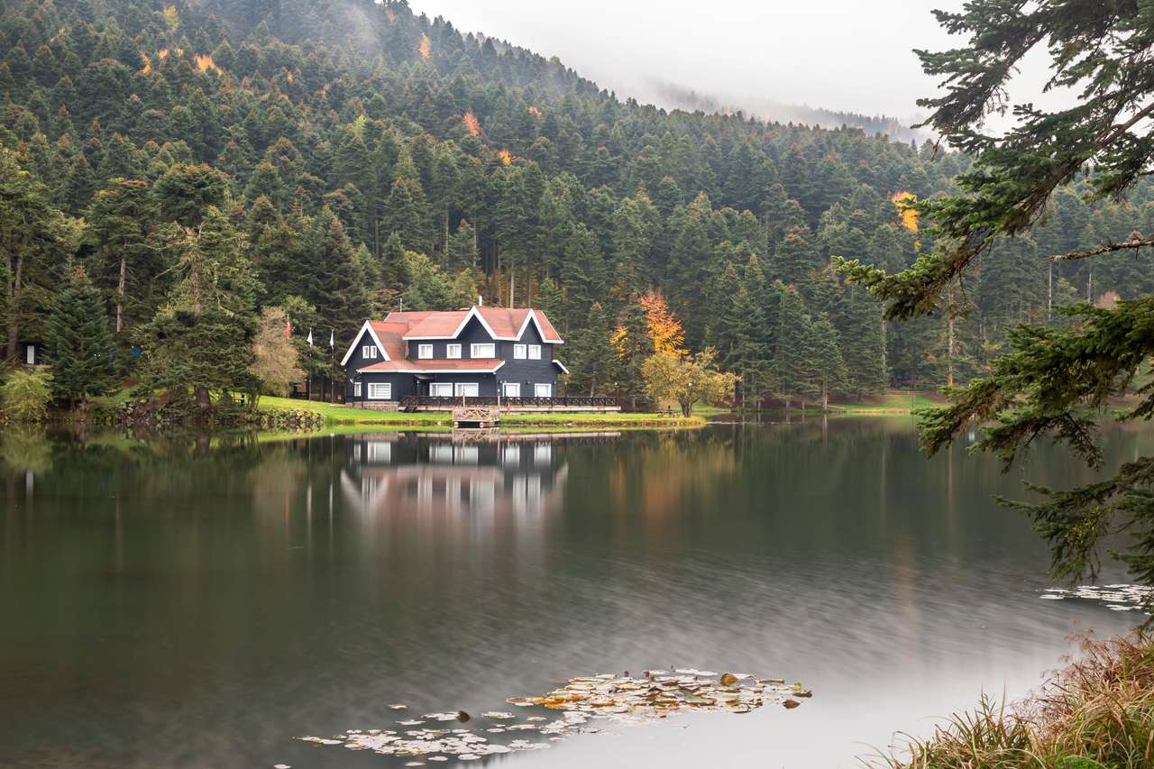 Dřevěný dům u jezera v lese v Bolu Golcuk online puzzle