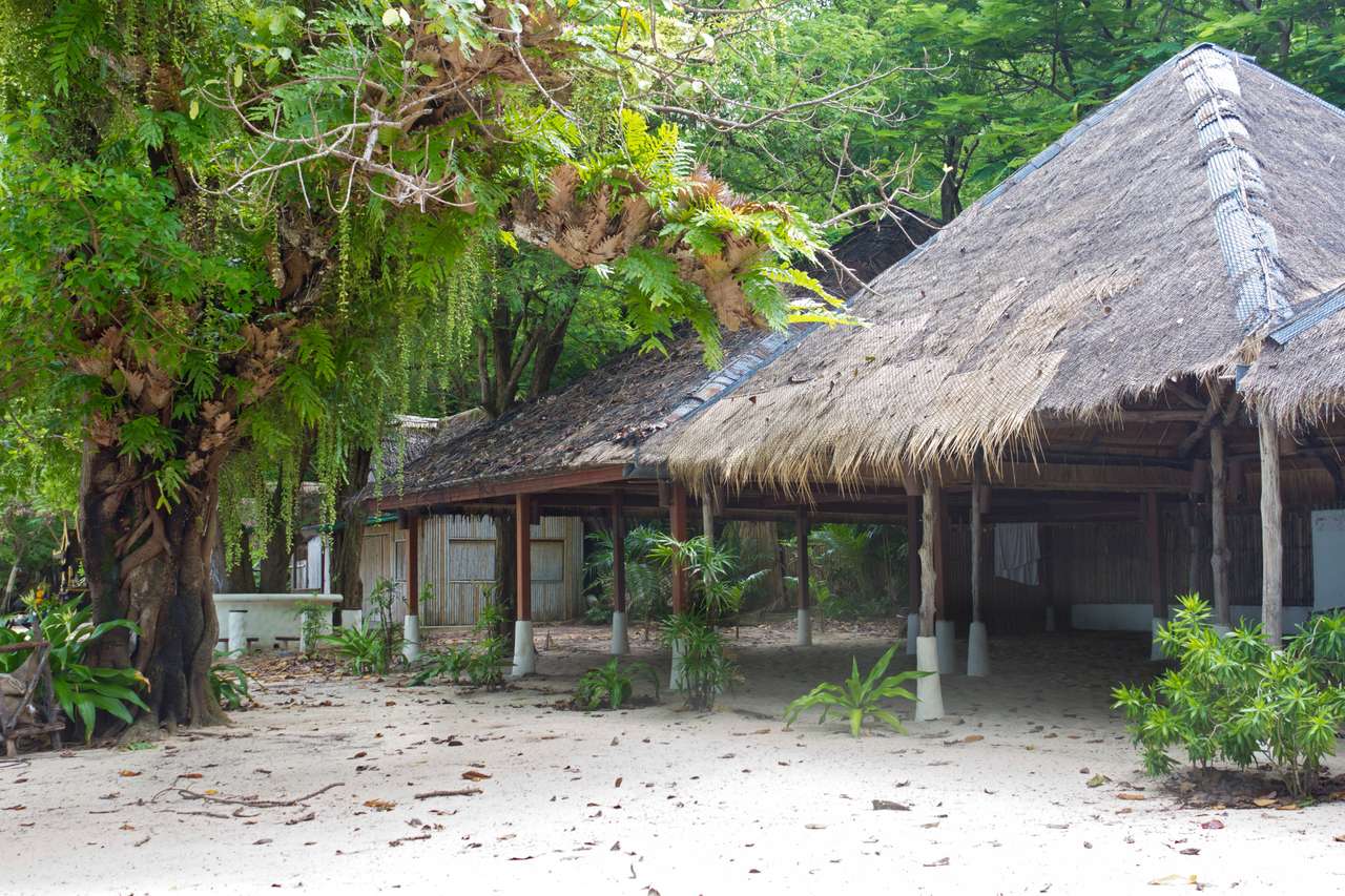 Bungalou vechi din bambus pe o insulă tropicală, de închiriat puzzle online