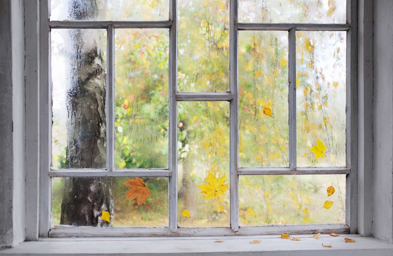 Vecchia finestra in legno con gocce di pioggia puzzle online