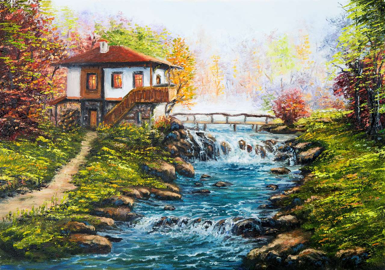 Pintura a óleo original mostrando uma casa tradicional búlgara puzzle online