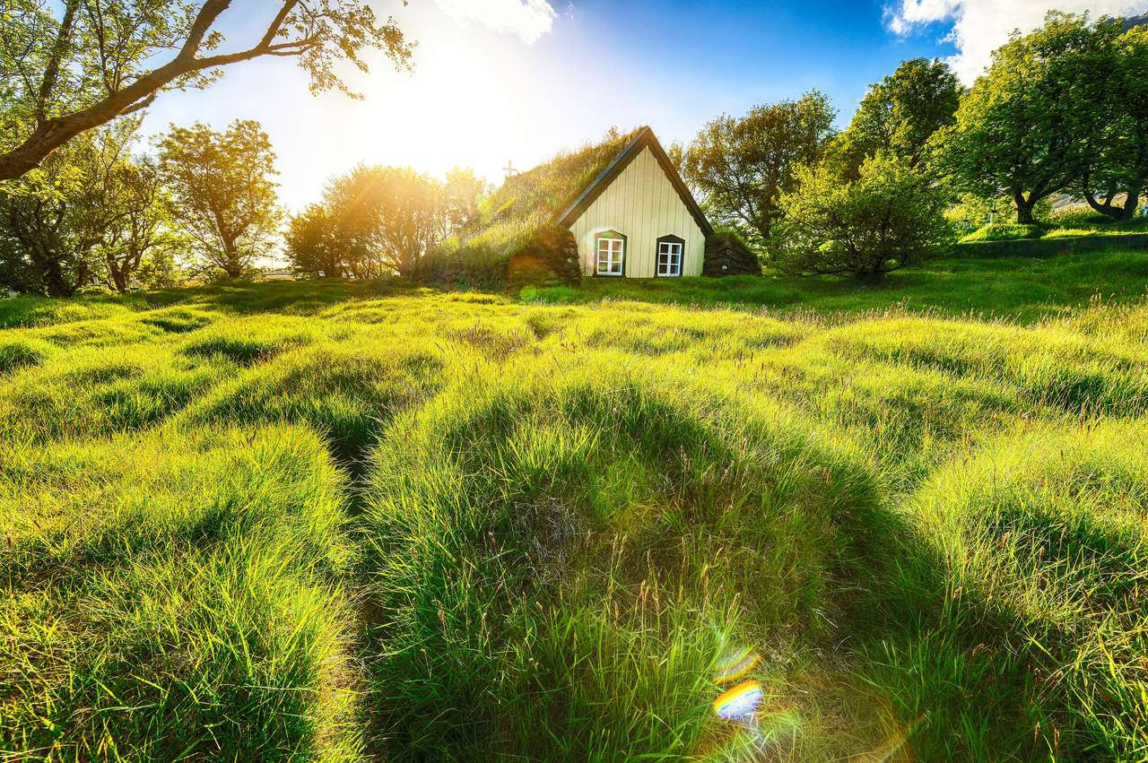 Църква с тревен покрив Hofskirkja в Хоф, Скафтафел онлайн пъзел