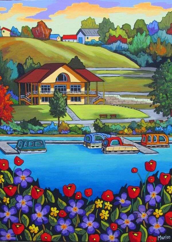 Casa frumoasa cu lac in fata si multe barci jigsaw puzzle online