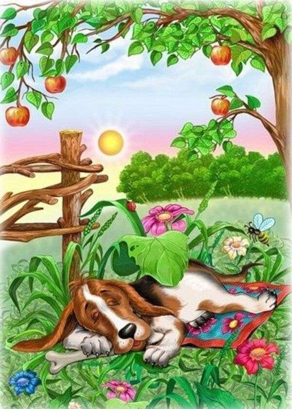 Το κουτάβι κοιμάται κάτω από τη μηλιά παζλ online
