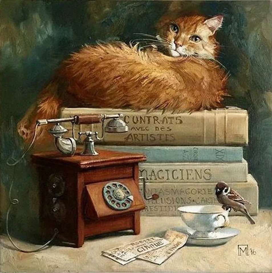 A red cat watches over his treasure, the books. online puzzle