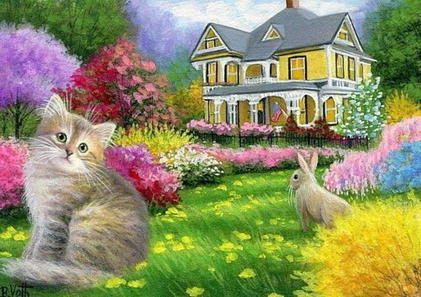 Γατάκι και κουνέλι μπροστά από το σπίτι με τον κήπο παζλ online