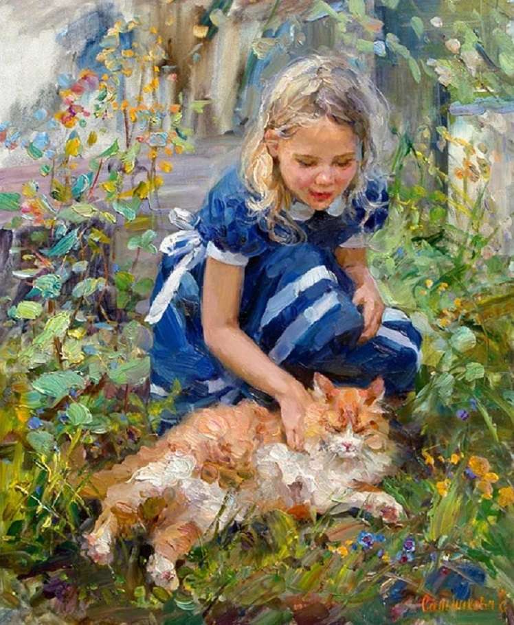 Menina loira bonita russa e seu gato vermelho puzzle online