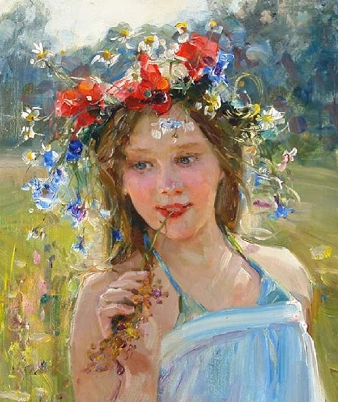 Orosz lány nyári virágkoszorúval kirakós online