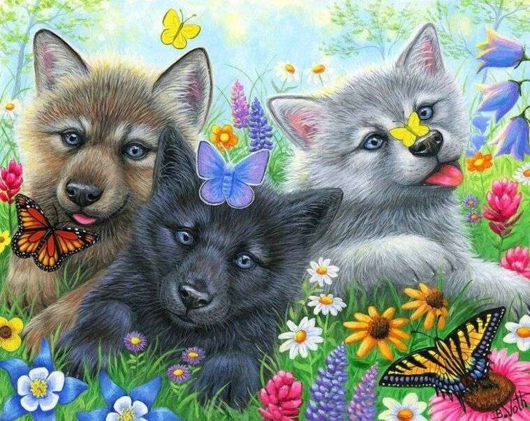 Aranyos kis kutyák virágok és pillangók között online puzzle