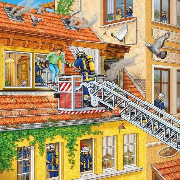 Tűzoltók segítik az embereket a tűzben online puzzle