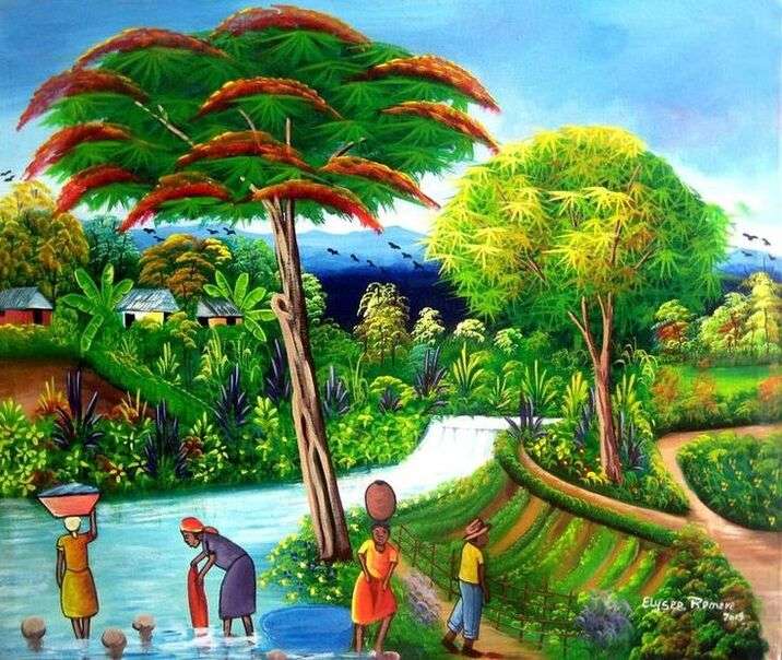 Люди перуть білизну в річці на Гаїті - мистецтво №1 пазл онлайн