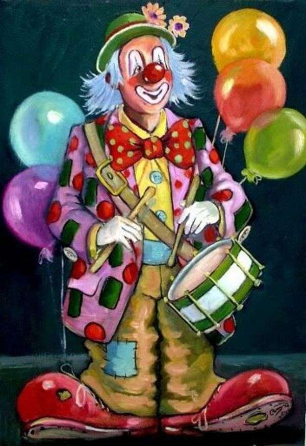 Liten clown med ballonger som spelar trumma Pussel online