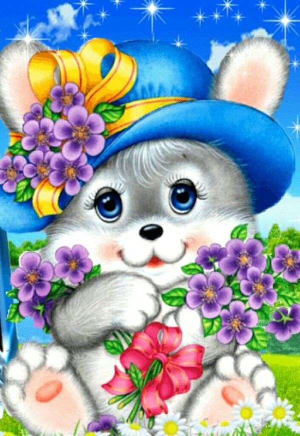 Cucciolo con cappello blu e fiori lilla puzzle online