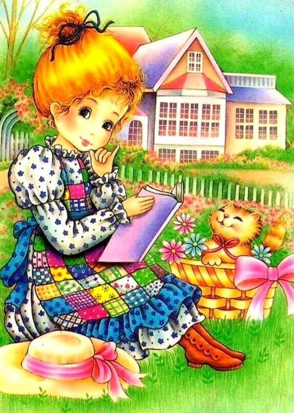 Fetiță care citește în compania pisoiului jigsaw puzzle online