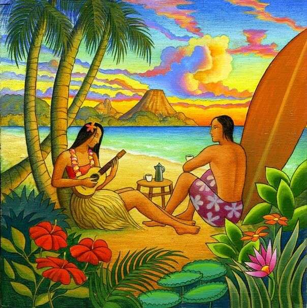 Красивый закат на пляже Гавайев - Искусство # 1 пазл онлайн